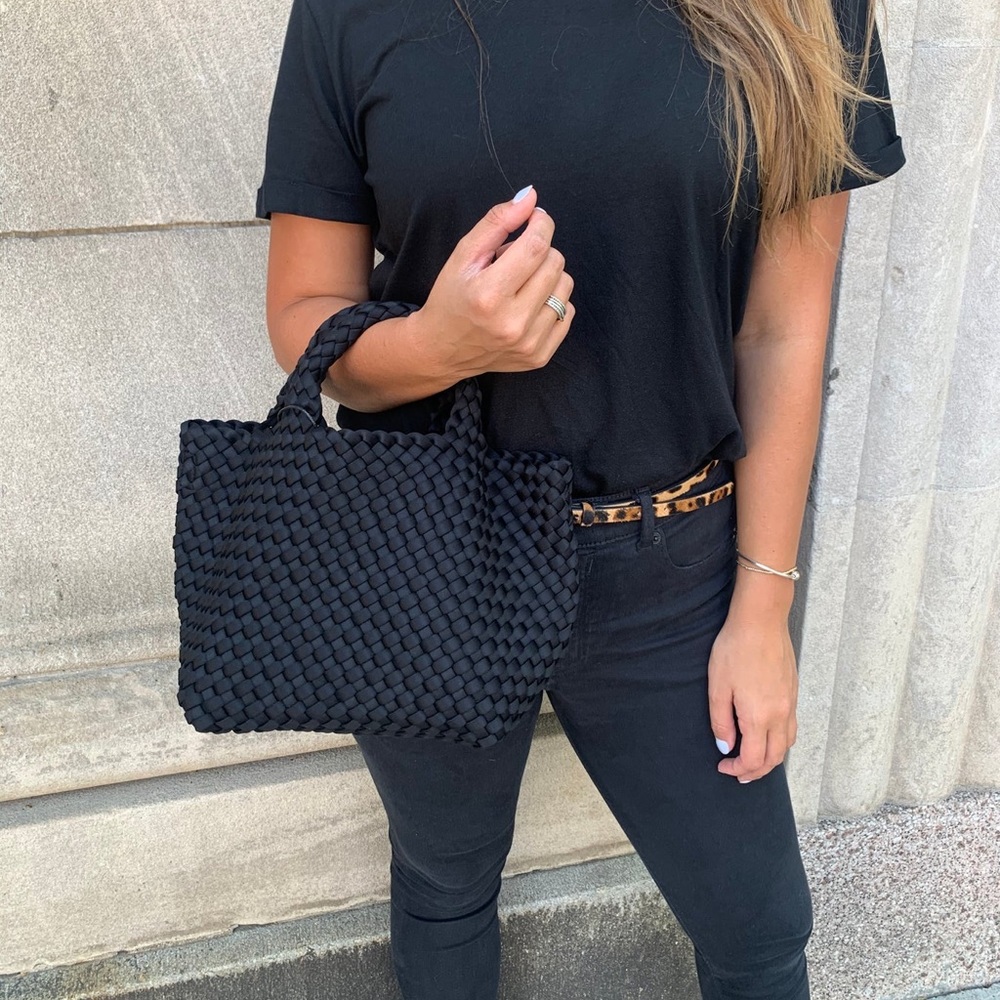 Naghedi St Barths Mini Woven Tote Purse Crossbody Bag Womens Black Onyx